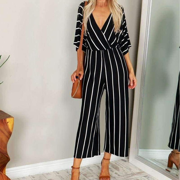 Planet Gates White / S Summer Elegant Women Striped Jumpsuits OL Work Wide Leg Pants Casual Loose Deep V-neck Short Sleeve Loose Rompers