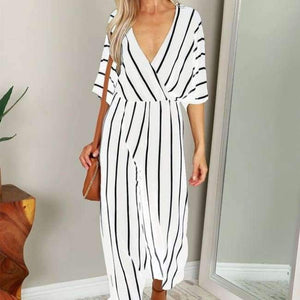 Planet Gates White / S Summer Elegant Women Striped Jumpsuits OL Work Wide Leg Pants Casual Loose Deep V-neck Short Sleeve Loose Rompers