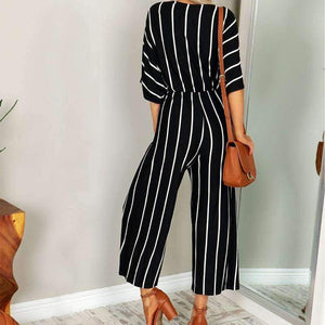 Planet Gates White / S Summer Elegant Women Striped Jumpsuits OL Work Wide Leg Pants Casual Loose Deep V-neck Short Sleeve Loose Rompers