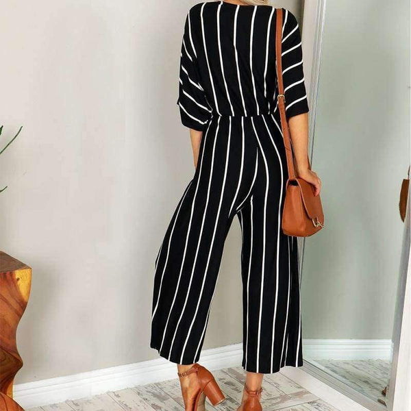 Planet Gates White / S Summer Elegant Women Striped Jumpsuits OL Work Wide Leg Pants Casual Loose Deep V-neck Short Sleeve Loose Rompers