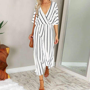 Planet Gates White / S Summer Elegant Women Striped Jumpsuits OL Work Wide Leg Pants Casual Loose Deep V-neck Short Sleeve Loose Rompers