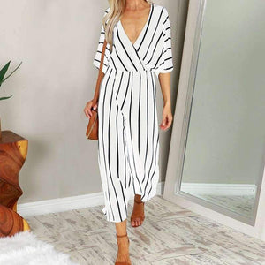 Planet Gates White / S Summer Elegant Women Striped Jumpsuits OL Work Wide Leg Pants Casual Loose Deep V-neck Short Sleeve Loose Rompers