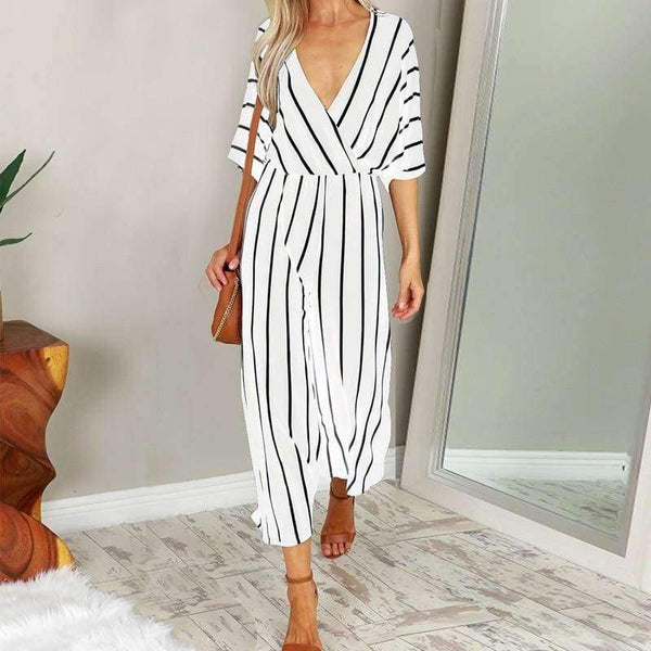 Planet Gates White / S Summer Elegant Women Striped Jumpsuits OL Work Wide Leg Pants Casual Loose Deep V-neck Short Sleeve Loose Rompers