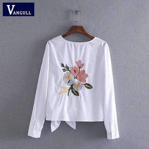 Planet Gates White / S Vangull Women cotton embroidery white blouse O- neck bow back flowers embroidered shirt 2018 Summer Casual Shirts female tops