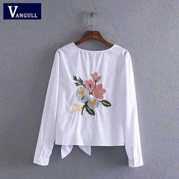 Planet Gates White / S Vangull Women cotton embroidery white blouse O- neck bow back flowers embroidered shirt 2018 Summer Casual Shirts female tops