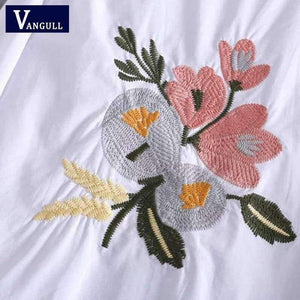 Planet Gates White / S Vangull Women cotton embroidery white blouse O- neck bow back flowers embroidered shirt 2018 Summer Casual Shirts female tops
