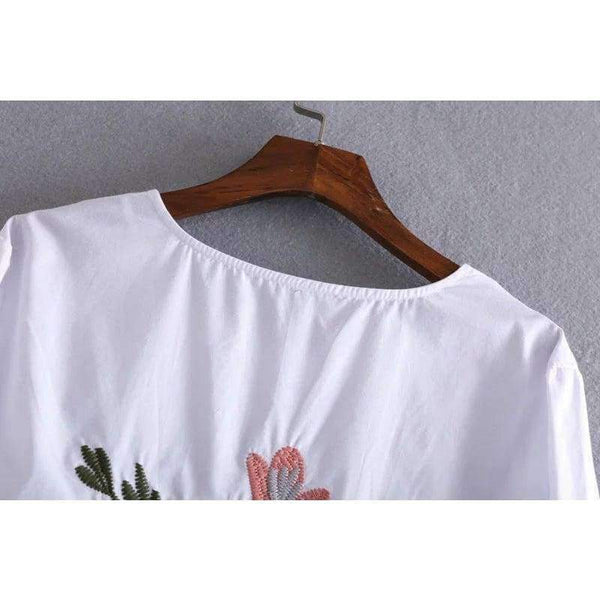 Planet Gates White / S Vangull Women cotton embroidery white blouse O- neck bow back flowers embroidered shirt 2018 Summer Casual Shirts female tops