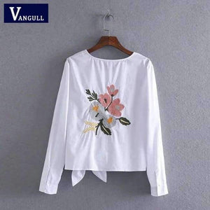 Planet Gates White / S Vangull Women cotton embroidery white blouse O- neck bow back flowers embroidered shirt 2018 Summer Casual Shirts female tops