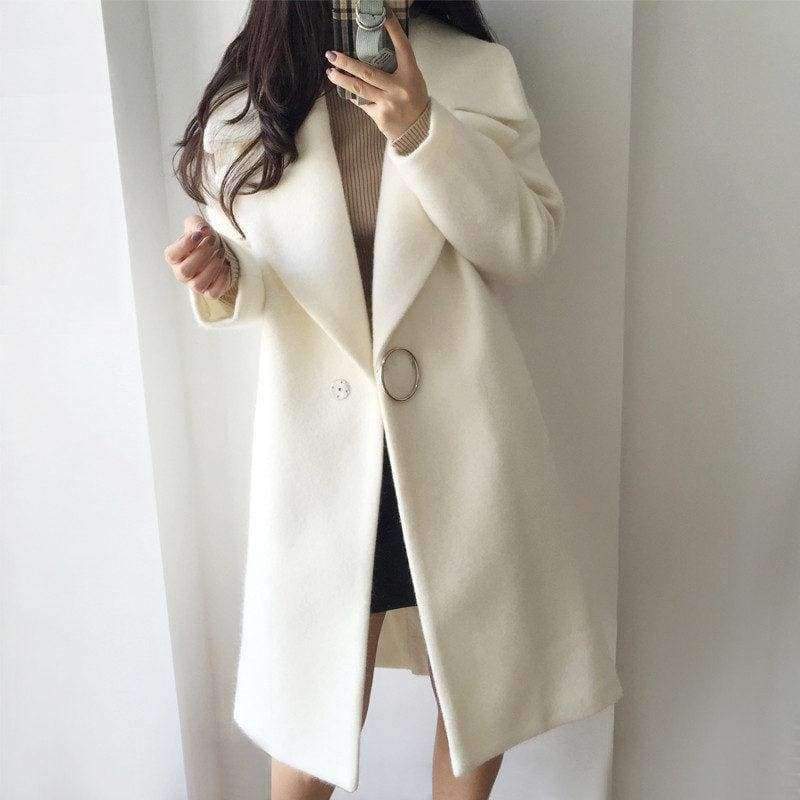 Planet Gates white / S White Wool Blend Coat Women Lapel Long Parka Winter Jacket Cocoon Style Elegant Woolen Coat Thicken Female Outerwear C3745