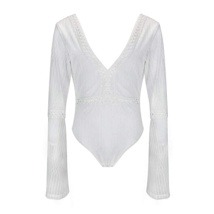 Planet Gates White / S Women Lace Bodysuit Sexy Deep V-Neck Flare Sleeve Playsuit Romper Ladies Backless Long Sleeve Hollow Out Body Suit Overalls
