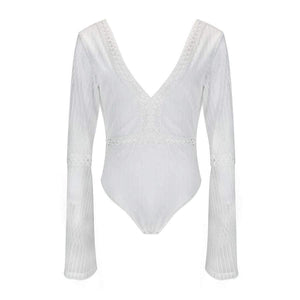 Planet Gates White / S Women Lace Bodysuit Sexy Deep V-Neck Flare Sleeve Playsuit Romper Ladies Backless Long Sleeve Hollow Out Body Suit Overalls