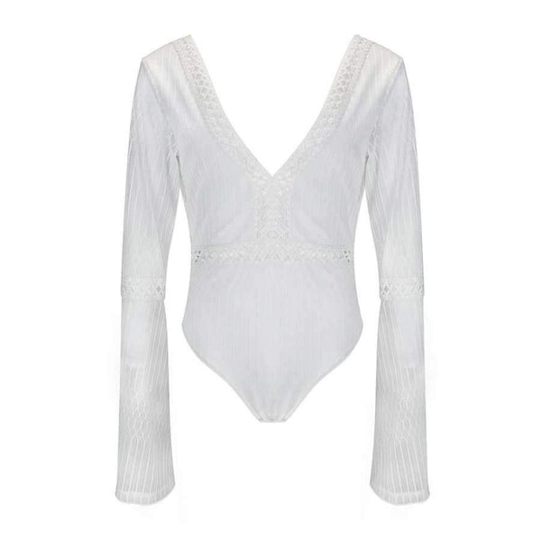 Planet Gates White / S Women Lace Bodysuit Sexy Deep V-Neck Flare Sleeve Playsuit Romper Ladies Backless Long Sleeve Hollow Out Body Suit Overalls