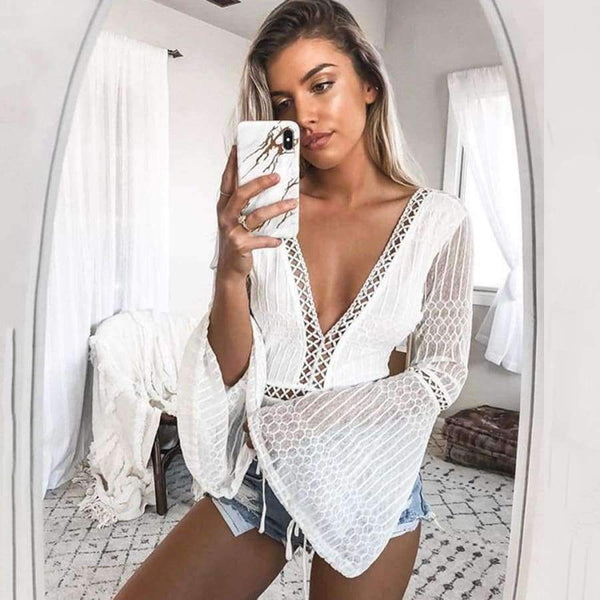 Planet Gates White / S Women Lace Bodysuit Sexy Deep V-Neck Flare Sleeve Playsuit Romper Ladies Backless Long Sleeve Hollow Out Body Suit Overalls