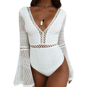 Planet Gates White / S Women Lace Bodysuit Sexy Deep V-Neck Flare Sleeve Playsuit Romper Ladies Backless Long Sleeve Hollow Out Body Suit Overalls