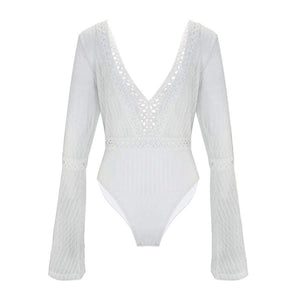 Planet Gates White / S Women Lace Bodysuit Sexy Deep V-Neck Flare Sleeve Playsuit Romper Ladies Backless Long Sleeve Hollow Out Body Suit Overalls