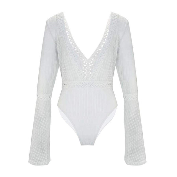 Planet Gates White / S Women Lace Bodysuit Sexy Deep V-Neck Flare Sleeve Playsuit Romper Ladies Backless Long Sleeve Hollow Out Body Suit Overalls