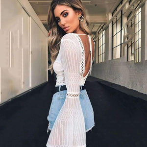 Planet Gates White / S Women Lace Bodysuit Sexy Deep V-Neck Flare Sleeve Playsuit Romper Ladies Backless Long Sleeve Hollow Out Body Suit Overalls