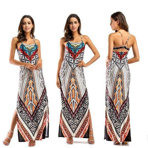 Planet Gates White / S Women Maxi Dresses Flora Print Strap Party Event Long Dresses For Women Summer Bandage Split Ladies Dresses