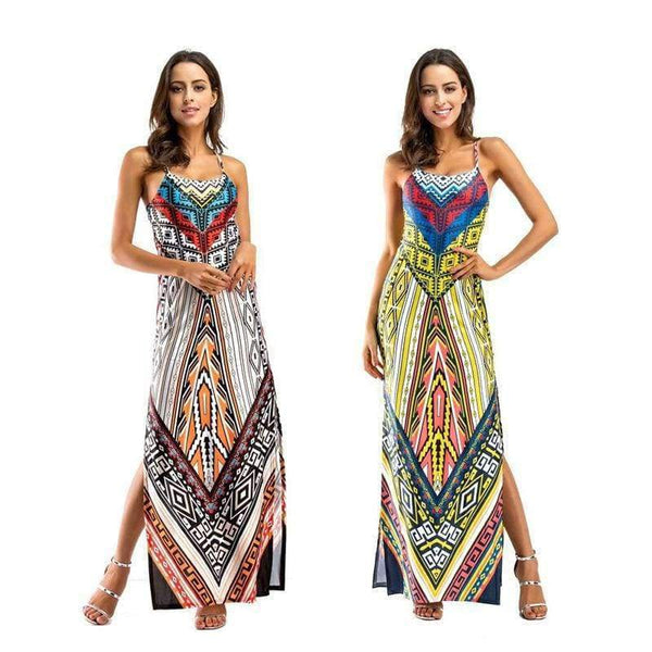 Planet Gates White / S Women Maxi Dresses Flora Print Strap Party Event Long Dresses For Women Summer Bandage Split Ladies Dresses