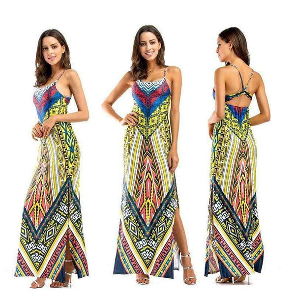 Planet Gates White / S Women Maxi Dresses Flora Print Strap Party Event Long Dresses For Women Summer Bandage Split Ladies Dresses