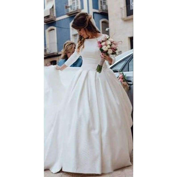 Planet Gates White Simple Backless Wedding Dresses 2018 Ball Gown 3/4 Sleeves Elegant Bridal Dresses Open Back Cheap Wedding Gowns