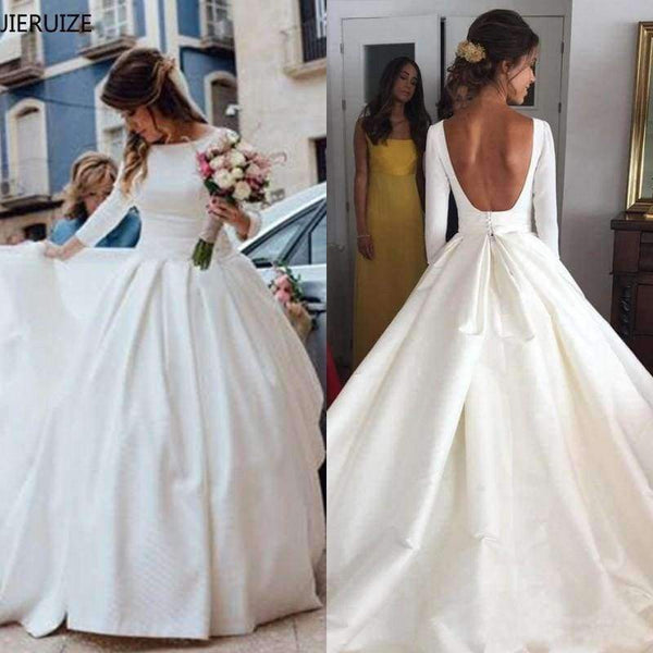 Planet Gates White Simple Backless Wedding Dresses 2018 Ball Gown 3/4 Sleeves Elegant Bridal Dresses Open Back Cheap Wedding Gowns