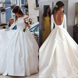Planet Gates White Simple Backless Wedding Dresses 2018 Ball Gown 3/4 Sleeves Elegant Bridal Dresses Open Back Cheap Wedding Gowns