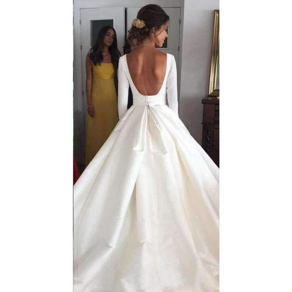 Planet Gates White Simple Backless Wedding Dresses 2018 Ball Gown 3/4 Sleeves Elegant Bridal Dresses Open Back Cheap Wedding Gowns