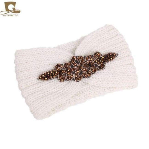 New Women Knitted Headband Metal Jewel Accessory Winter Floral Turban Crochet Headwrap Beanie Headband Hair Accessories - White / Size Fits