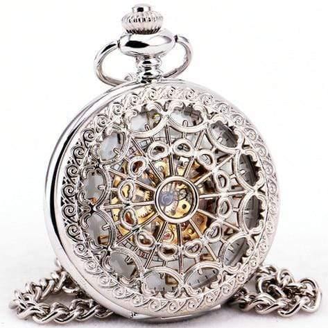 Planet Gates White Stainless-steel Unisex Baroque Women Automatic Mechanical Pocket Watch Hollowed Lid Chain Luxury Fob Watches