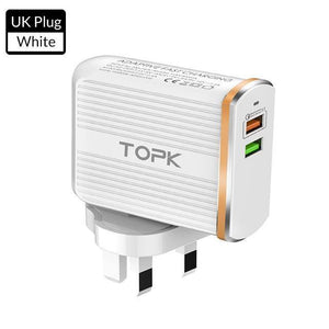 Planet Gates White / UK TOPK Mobile Phone Charger 30W USB Charger For iPhone Samsung Xiaomi Huawei Quick Charge 3.0 Fast Charger Dual USB Travel Adapter