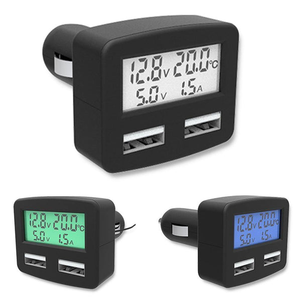 Planet Gates White / Universal Dual USB 5 in 1 Car Phone Charger 3A DC 5V Car Phone USB Charger With LCD Display Temperature Voltage Current Meter