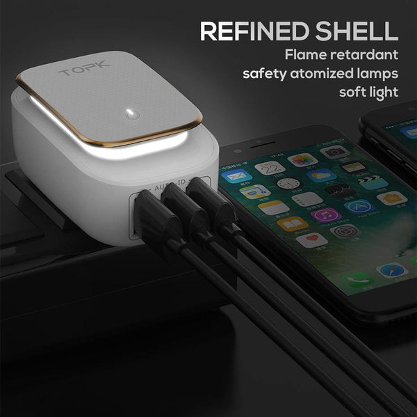 Planet Gates White / US and AU TOPK 3-Port Mobile Phone Charger 5V 3.4A(Max) Travel USB Charger for iPhone Xs Max 8 Samusung Phone Charger LED Lamp US EU AU UK