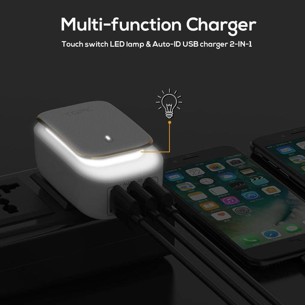 Planet Gates White / US and AU TOPK 3-Port Mobile Phone Charger 5V 3.4A(Max) Travel USB Charger for iPhone Xs Max 8 Samusung Phone Charger LED Lamp US EU AU UK