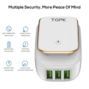 Planet Gates White / US and AU TOPK 3-Port Mobile Phone Charger 5V 3.4A(Max) Travel USB Charger for iPhone Xs Max 8 Samusung Phone Charger LED Lamp US EU AU UK
