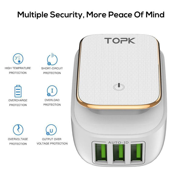 Planet Gates White / US and AU TOPK 3-Port Mobile Phone Charger 5V 3.4A(Max) Travel USB Charger for iPhone Xs Max 8 Samusung Phone Charger LED Lamp US EU AU UK
