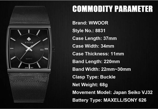 Planet Gates White Watch Men Square Waterproof Business Men's Watches Luxury Black Steel Strap Sport Wrist Watch Male Clock