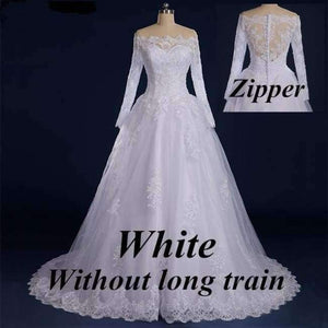 Planet Gates White without train / 2 Vestido De Noiva Beaded Appliqued Long Sleeve Lace Wedding Dress 2018 Boat Neck Wedding Dress