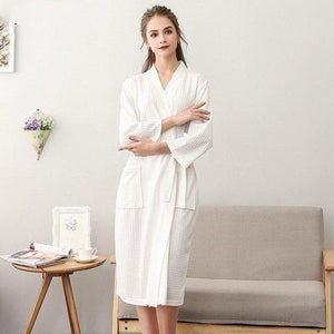 Planet Gates White WOmen / M Unisex Men Women Sleeve Solid Waffle Sleep Lounge Bathrobe Nightgown Lovers Robes