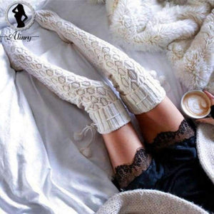 Planet Gates White(Woolen Ball) Warm Autumn Knit Over Knee Socks Thigh High School girl Solid Color 1 Pair Hosiery