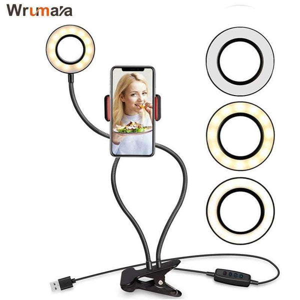 Planet Gates white Wrumava 2 in 1 LED Ring Selfie Light with Lazy Phone Holder 3 Brightness Holder Bracket Desk Lamp for iPhone Android phone