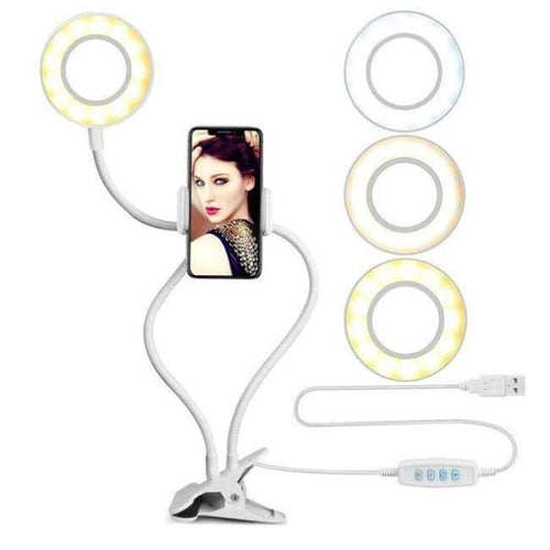 Planet Gates white Wrumava 2 in 1 LED Ring Selfie Light with Lazy Phone Holder 3 Brightness Holder Bracket Desk Lamp for iPhone Android phone