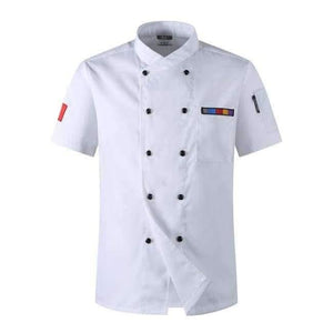 Planet Gates White / XL 5 Colors Hot Sale Unisex Kitchen Chef Uniforms Short Sleeve Breathable Double Breasted Jackets Food Services Cooking Shirt Apron
