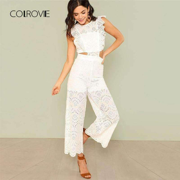 Planet Gates White / XS Eyelet Embroidery Wide Leg Ruffle Women Jumpsuit 2018 New White High Waist Summer Jumpsuit Hollow Out Elegant Jumpsuit