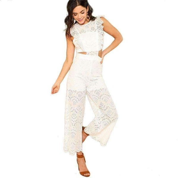 Planet Gates White / XS Eyelet Embroidery Wide Leg Ruffle Women Jumpsuit 2018 New White High Waist Summer Jumpsuit Hollow Out Elegant Jumpsuit