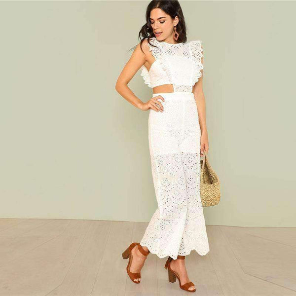 Planet Gates White / XS Eyelet Embroidery Wide Leg Ruffle Women Jumpsuit 2018 New White High Waist Summer Jumpsuit Hollow Out Elegant Jumpsuit