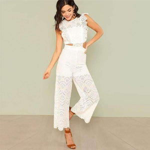 Planet Gates White / XS Eyelet Embroidery Wide Leg Ruffle Women Jumpsuit 2018 New White High Waist Summer Jumpsuit Hollow Out Elegant Jumpsuit