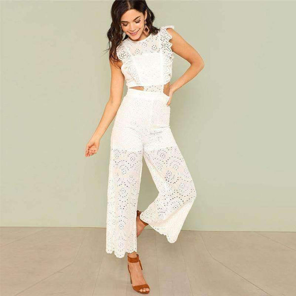Planet Gates White / XS Eyelet Embroidery Wide Leg Ruffle Women Jumpsuit 2018 New White High Waist Summer Jumpsuit Hollow Out Elegant Jumpsuit