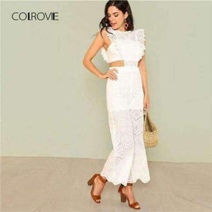 Planet Gates White / XS Eyelet Embroidery Wide Leg Ruffle Women Jumpsuit 2018 New White High Waist Summer Jumpsuit Hollow Out Elegant Jumpsuit