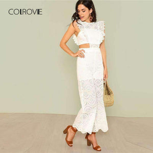 Planet Gates White / XS Eyelet Embroidery Wide Leg Ruffle Women Jumpsuit 2018 New White High Waist Summer Jumpsuit Hollow Out Elegant Jumpsuit